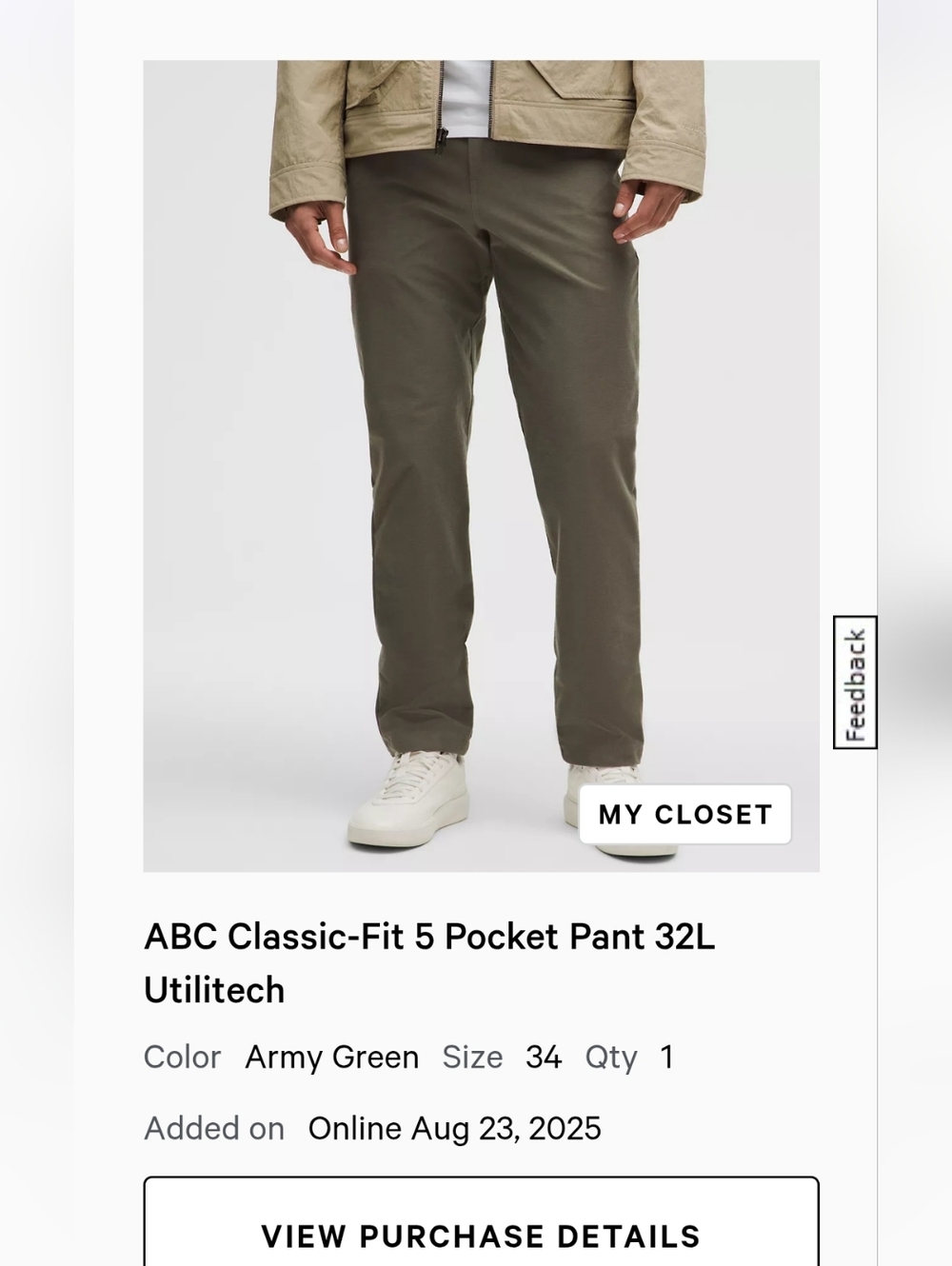 lululemon Men's ABC Classic Fit Pant in Army Green 34x32